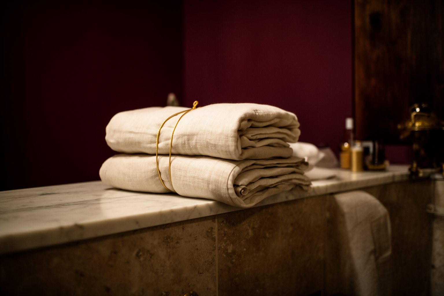 Pilha de toalhas de linho creme atadas com um cordão dourado, numa bancada de mármore
