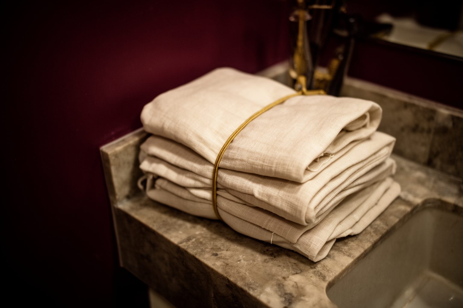 Pilha de toalhas de linho creme atadas com um cordão dourado, numa bancada de mármore