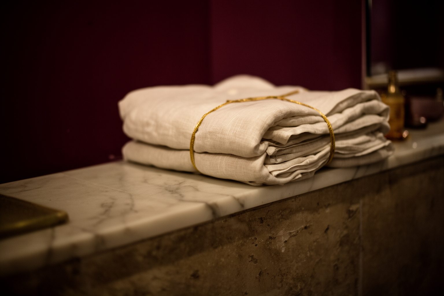 Pilha de toalhas de linho creme atadas com um cordão dourado, numa bancada de mármore